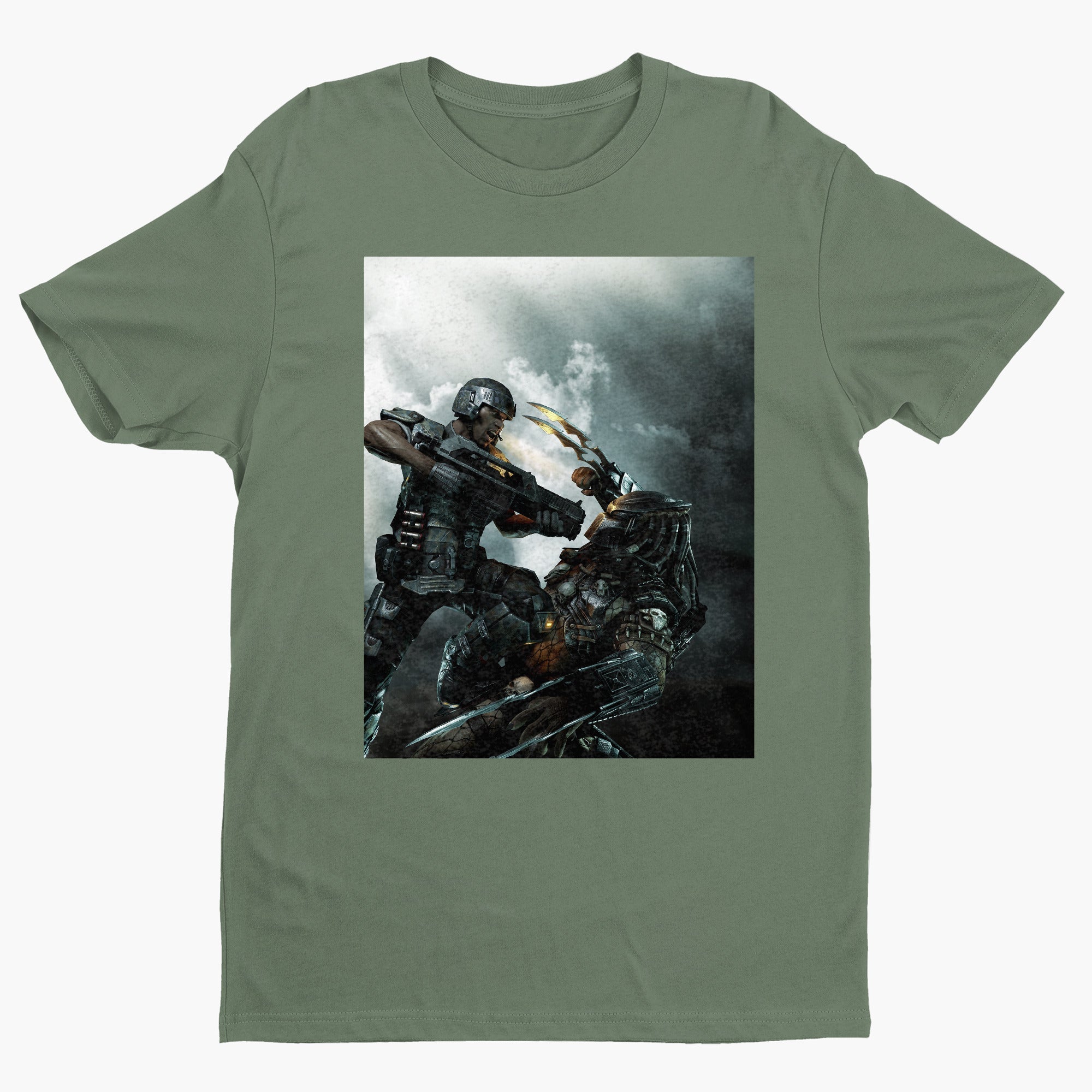 Aliens vs. Predator marketing art by Mike Man tee — green unisex t-shirt, front view